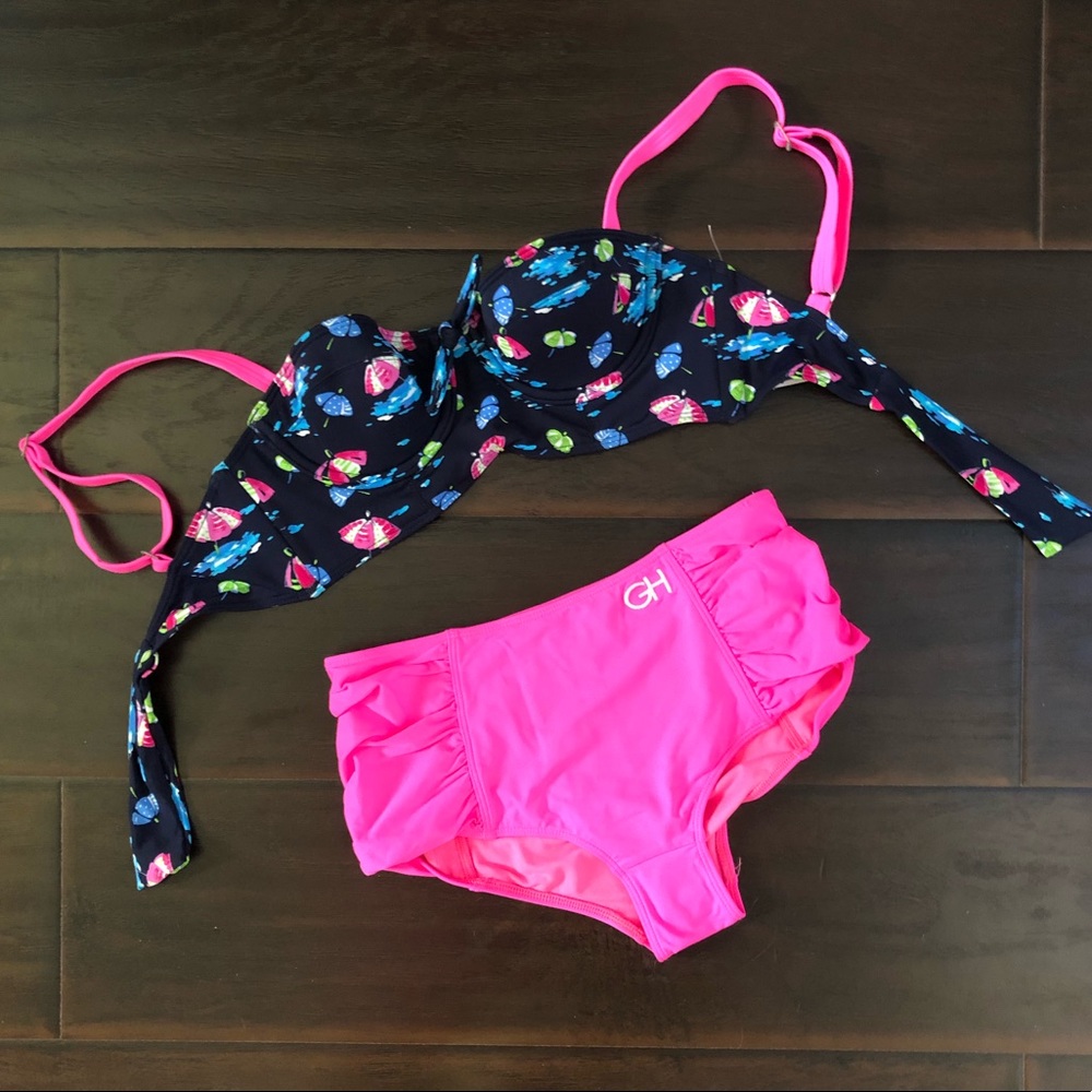 High-Waist Two-Piece Swim Set in Hot Pink and Navy